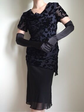 Vintage Black Midi Dress With Floral Detailing And Beads From Eva Blue Petite